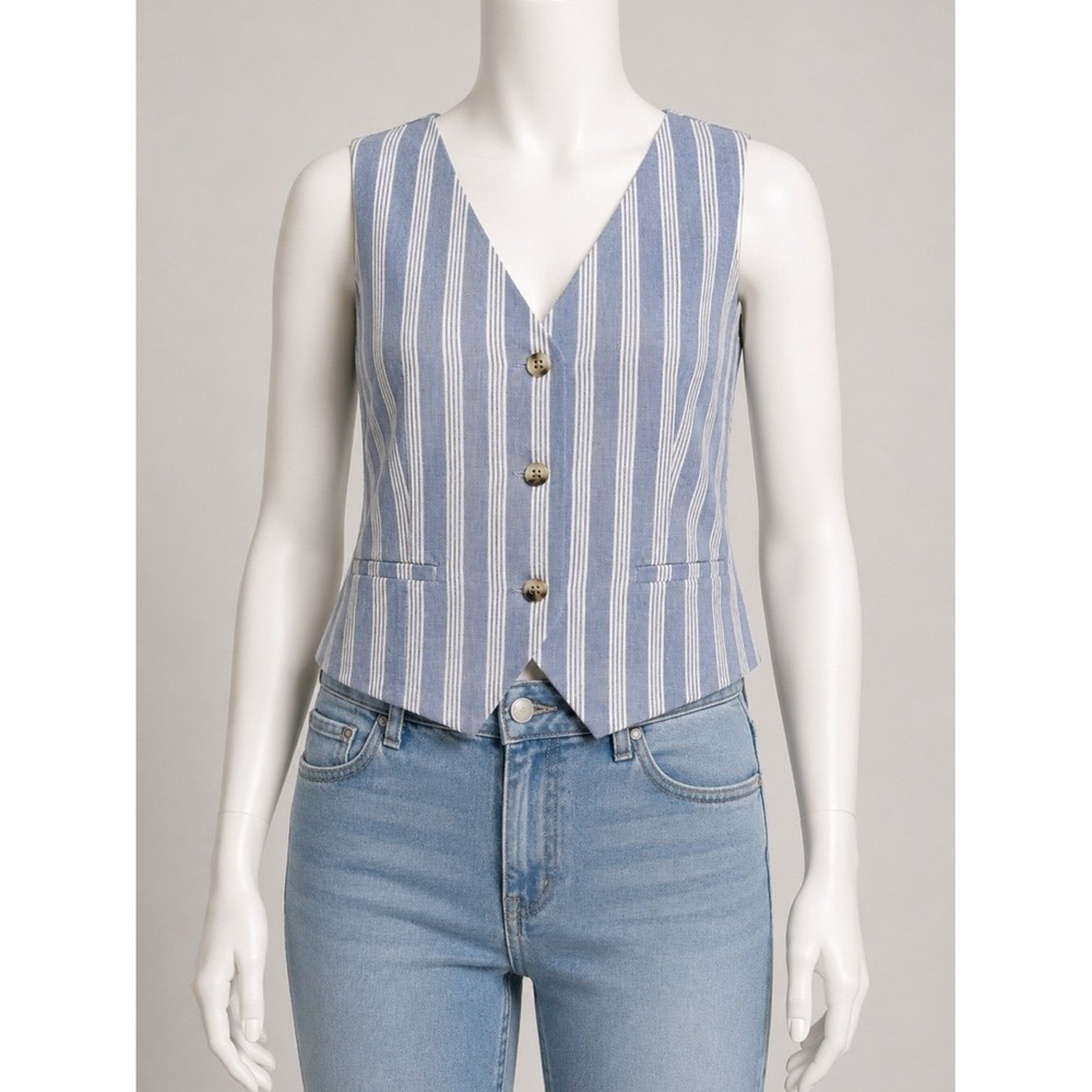 Hippie Rose Womens Blue White Striped Linen Blend Button Front Vest HS5W90217 M